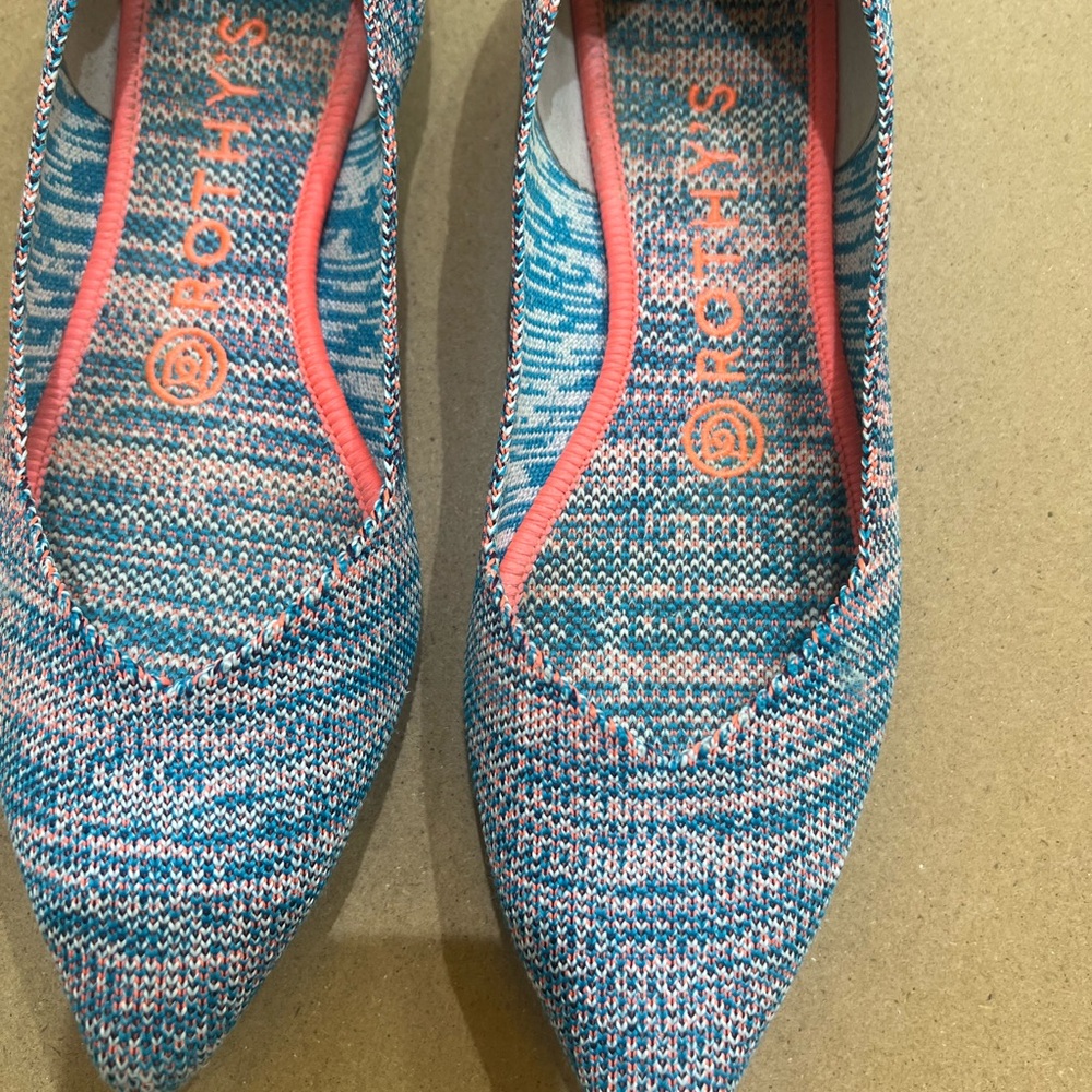 Rothy's Teal and Coral Pointed Knit Slip-Ons